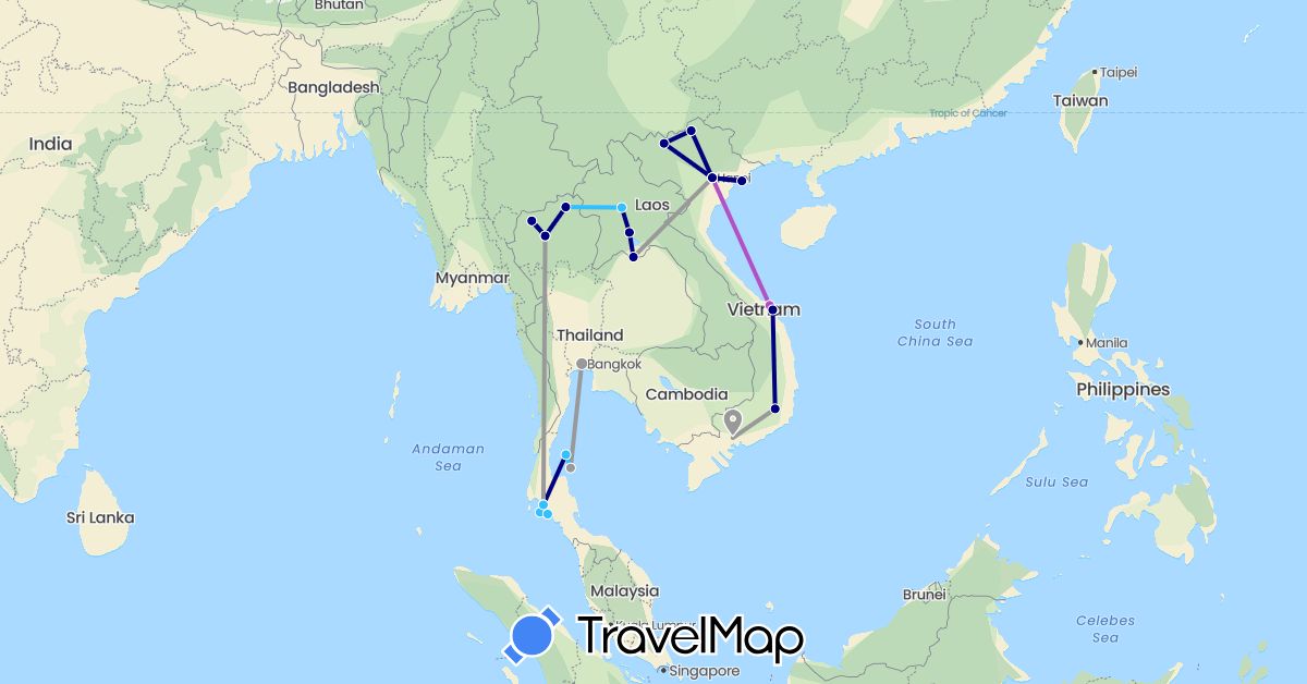 TravelMap itinerary: driving, plane, train, boat in Laos, Thailand, Vietnam (Asia)